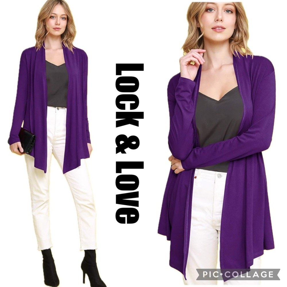 NEW! Lock & Love Premium Essential Cardigan Open Front Draped In Eggplant Purple